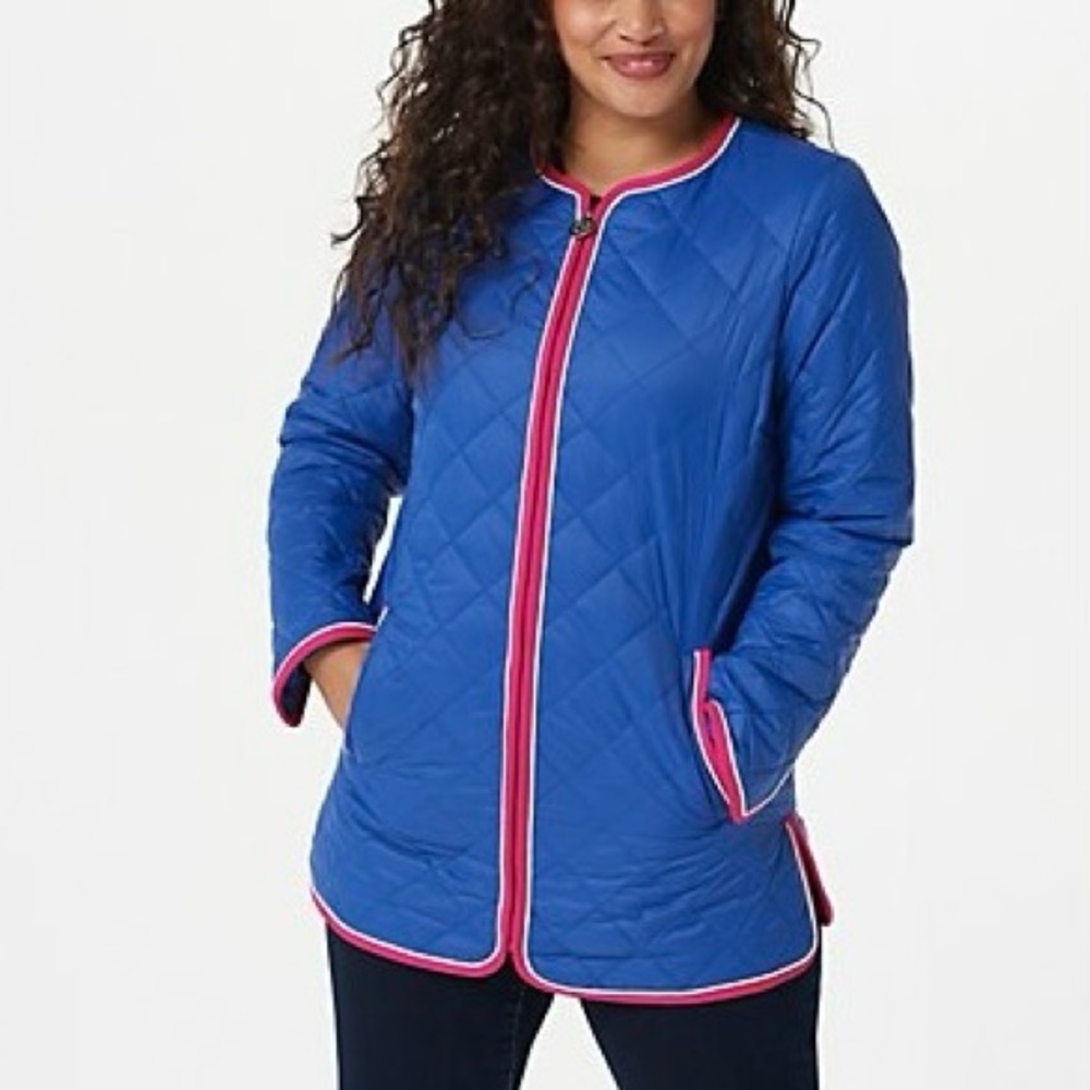 DENNIS by Dennis Basso Royal Blue Quilted Jacket with Contrast Piping Size M